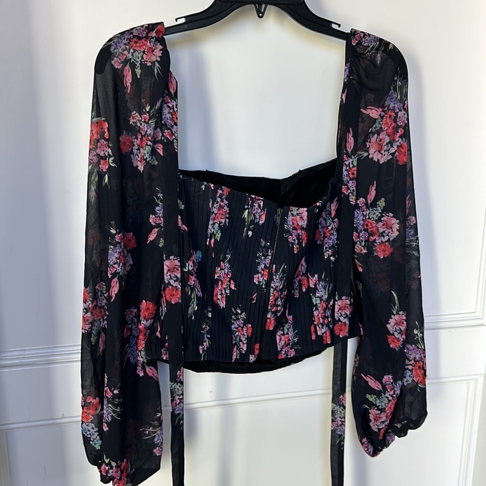 AMUR Beverly Top Sheer Long Sleeve Floral Black Corset Womens size Large - Picture 5 of 15